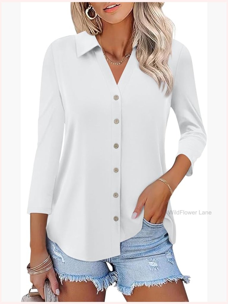 Womens 3/4 Sleeve Button Down Shirt Dressy Casual Summer Blouse Business Top